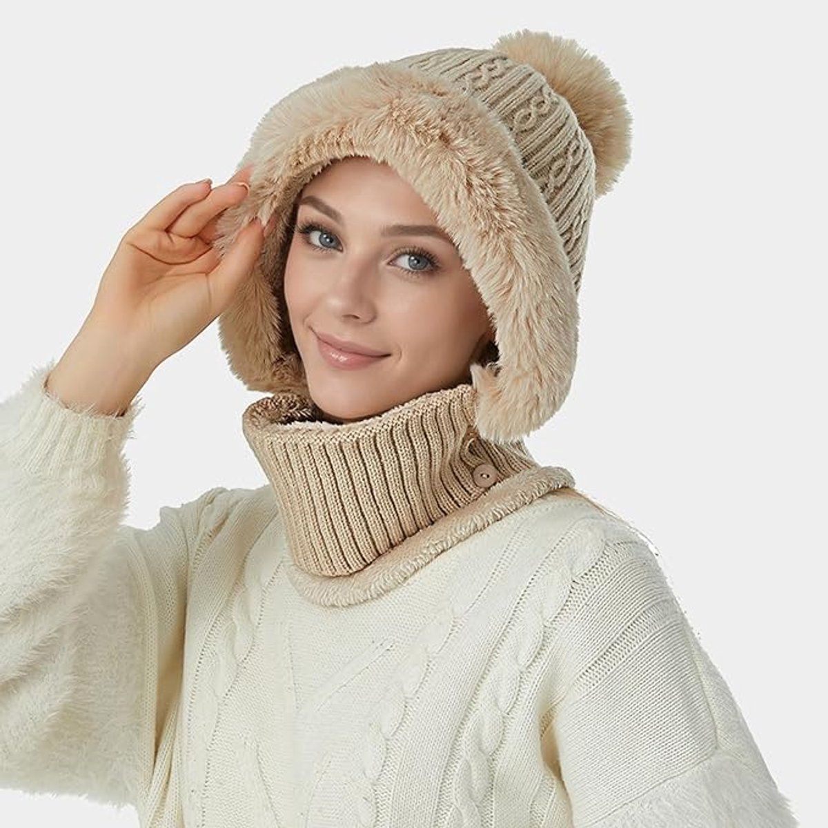 1 Piece Knitted Hat and Neck Warmer Set Fleece Lined Pink