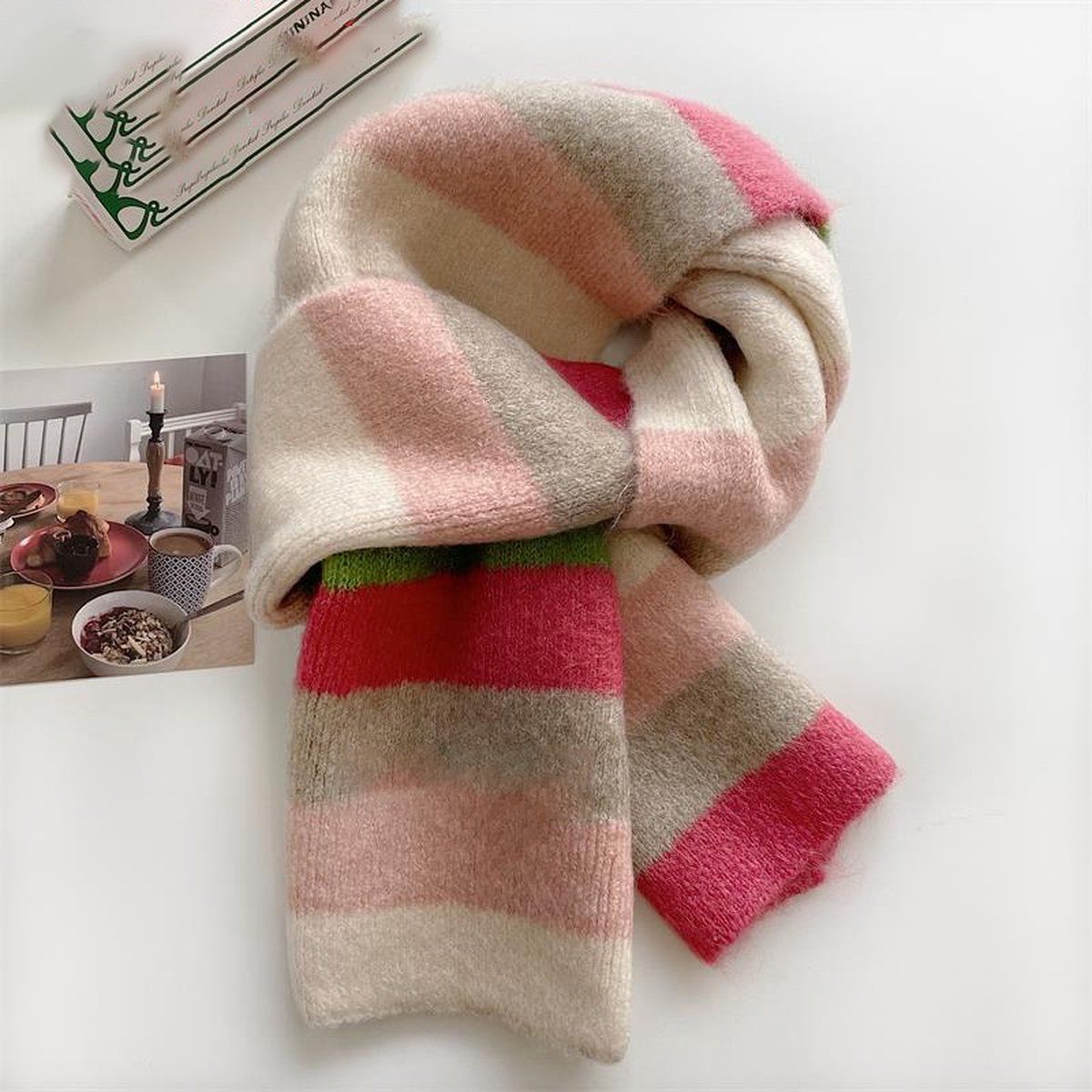 Womens Knitted Color Block Winter Scarf Off White Pink Green