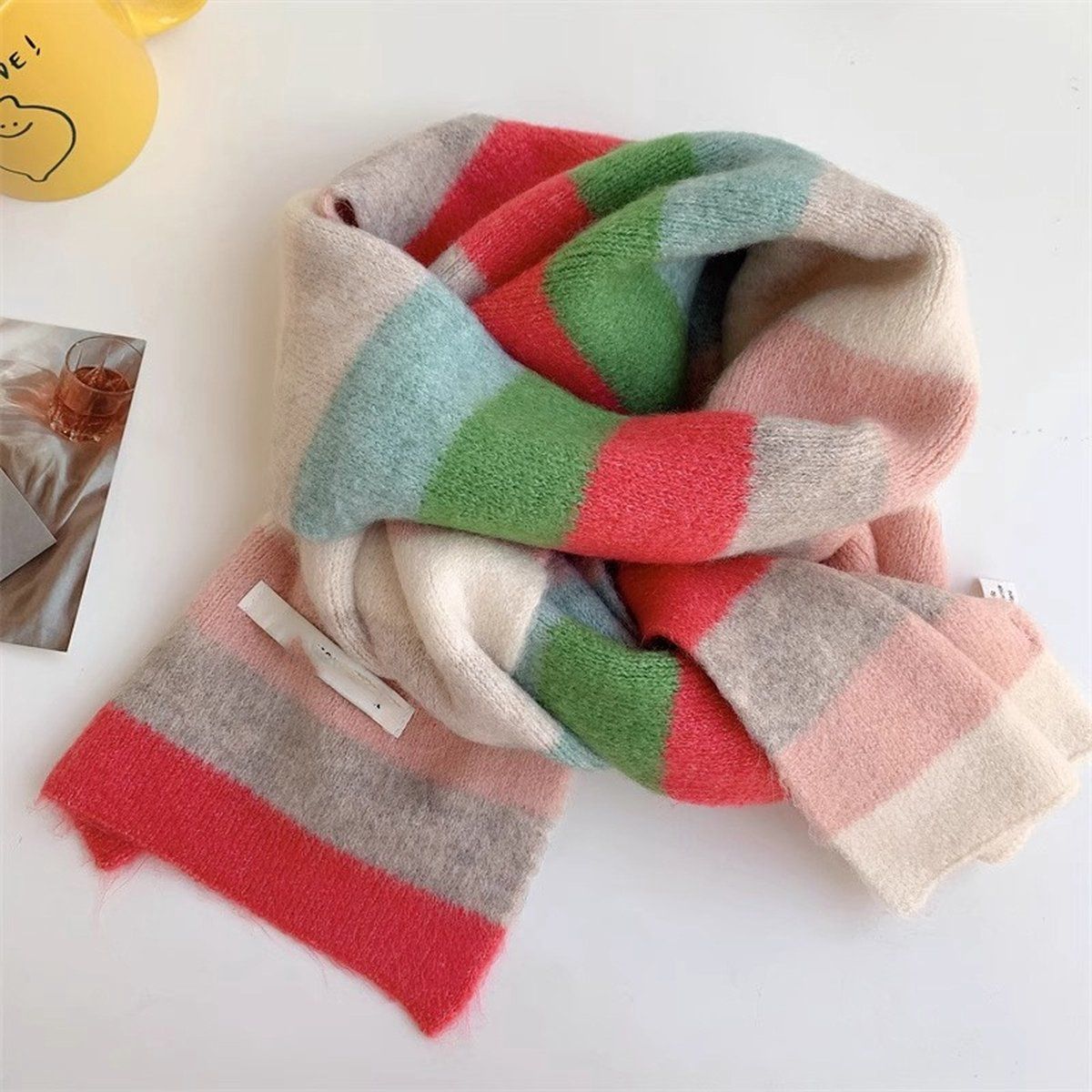 Womens Knitted Color Block Winter Scarf Off White Pink Green