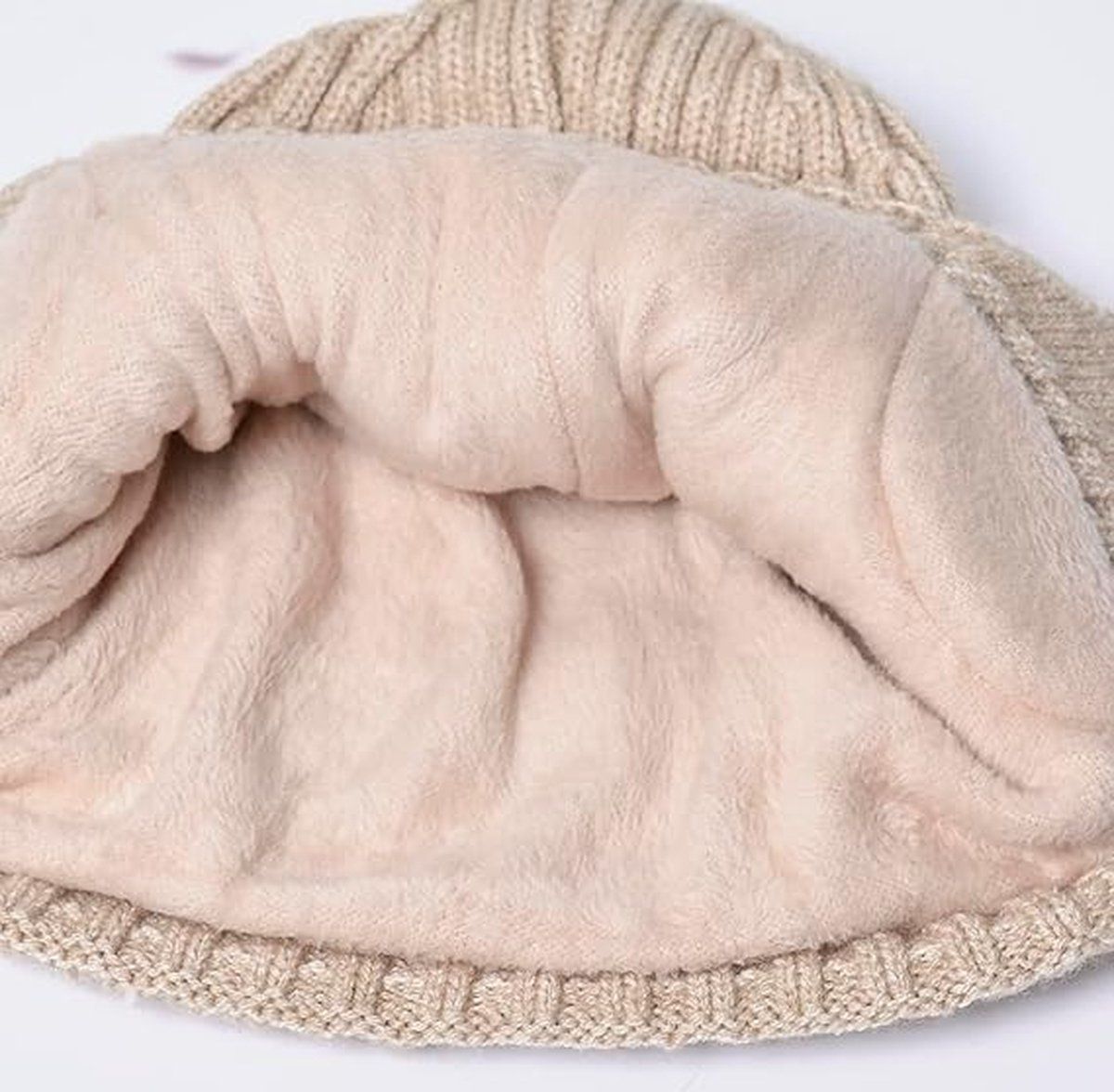 Winter Earmuff Hat Plush Knitted Fleece Lined Beige