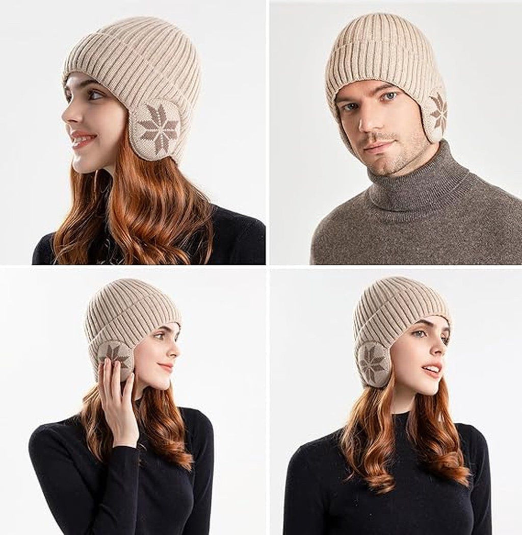 Winter Earmuff Hat Plush Knitted Fleece Lined Beige