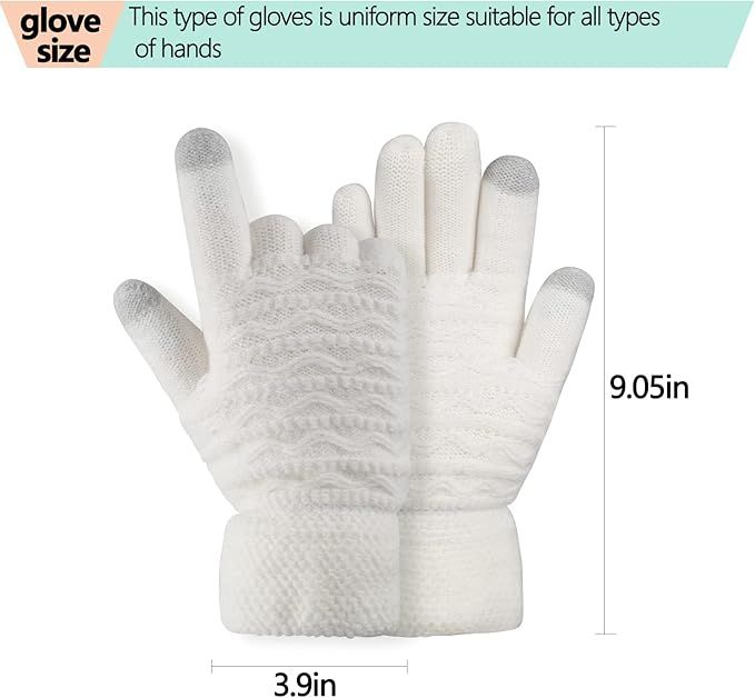 Womens Touchscreen Winter Gloves Thermal Knitted Fleece Lined White
