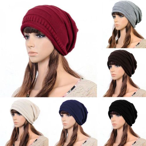 Womens Knitted Slouchy Beanie Winter Ski Hat Light Gray