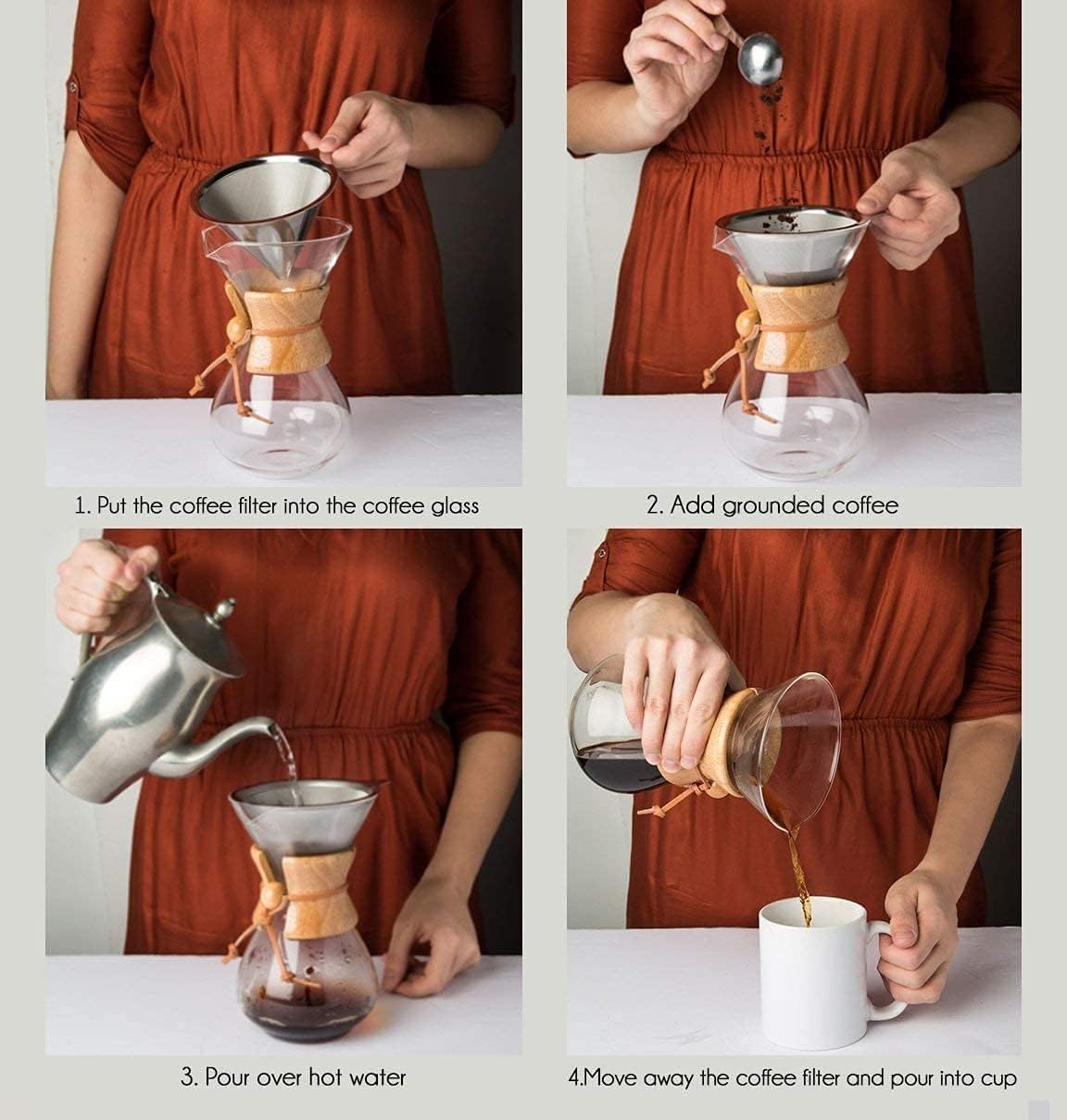Pour Over Coffee Maker,Reusable Glass Coffee Pot Manual Dripper Brewer Hand Drip with Stainless Steel Filter for Home Travel (14 oz/400 ml)