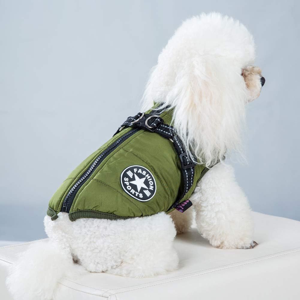 Army Green Winter Waterproof Dog Jacket with Harness, Comfortable Padded Puffer Vest for Small and Medium Breeds, Size M with Reflective Trim