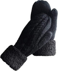 Black Thick Fleece Lined Insulated Mittens for Women, Crochet Knit Design with Inner Fleece Lining, Button Fastening Stretchy Fit for Cold Weather
