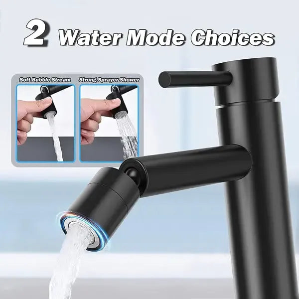Faucet aerator, 360 Degree Rotation rotatable nozzle for kitchen faucet, 2 Outlet Positions, M22/M24 Thread Compatibility, 2 Spray Modes, Black Finish