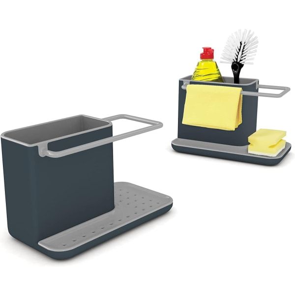 Sink storage/organizer with integrated drain, holder for sponge, brush, detergent and dishcloth, removable, regular size, Gray, Grey Finish