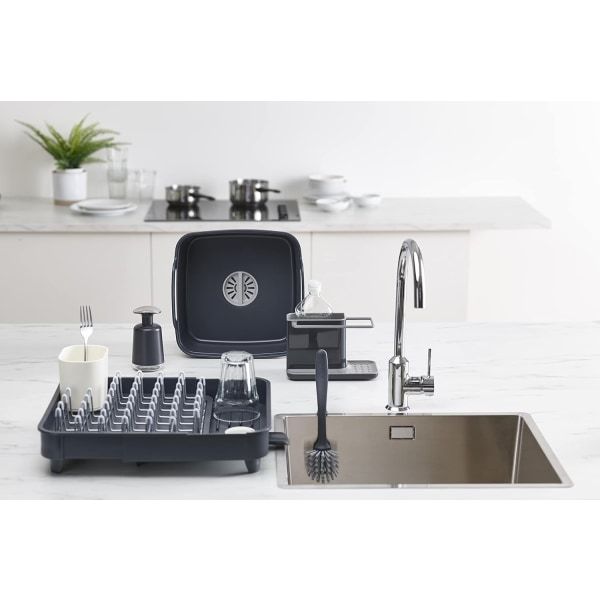 Sink storage/organizer with integrated drain, holder for sponge, brush, detergent and dishcloth, removable, regular size, Gray, Grey Finish