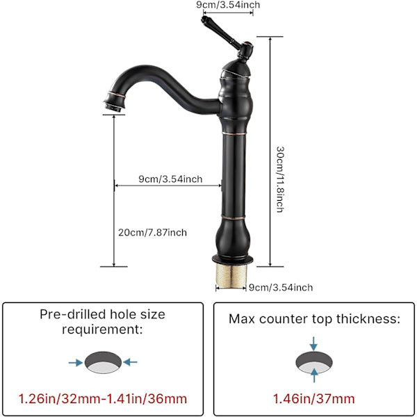 High Bathroom Faucet 360 Degree Rotation Rotatable Countertop Mixer, Retro Classic Bathroom Faucet Brass Countertop Mixer, Black Finish