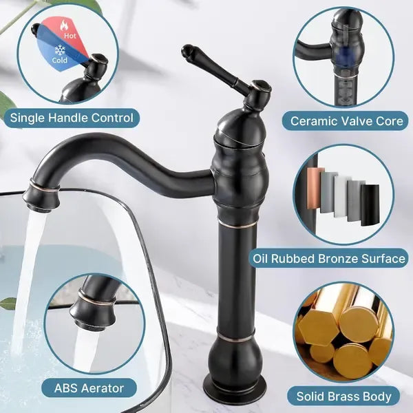 High Bathroom Faucet, 360 Degree Rotatable Countertop Mixer, Retro Classic Brass Bathroom Basin Faucet, Single Handle, Black Finish