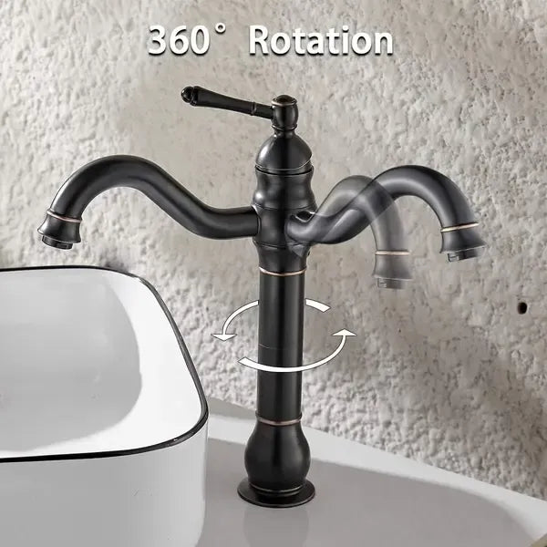 High Bathroom Faucet, 360 Degree Rotatable Countertop Mixer, Retro Classic Brass Bathroom Basin Faucet, Single Handle, Black Finish