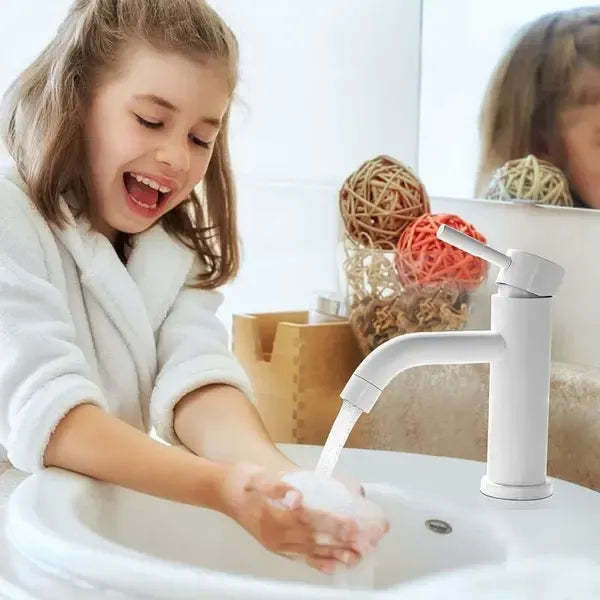 Bathroom Faucet, Stainless Steel Sink Faucet, Water-Saving Flow, Splash Reduction, Ceramic Cartridge, White Finish
