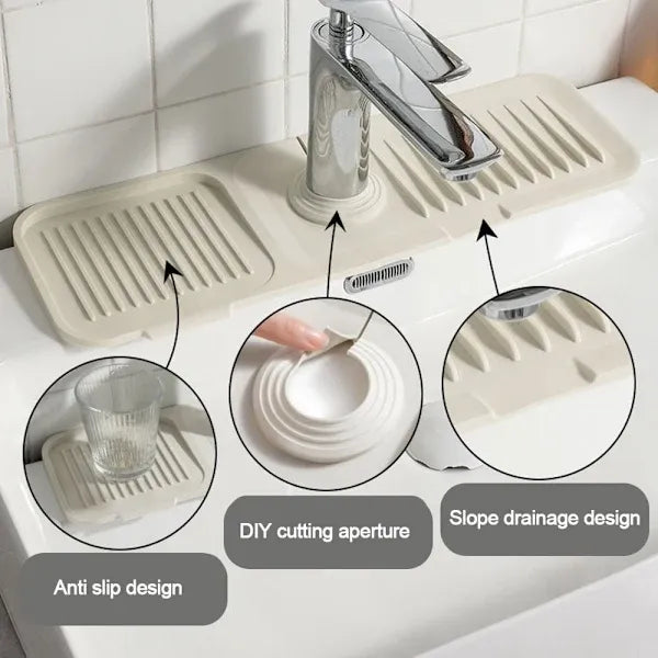 Faucet Splash Pad and Handle Drip Catcher, Silicone Sink Mat for Kitchen Countertop Protection and Drainage Use, Beige Finish