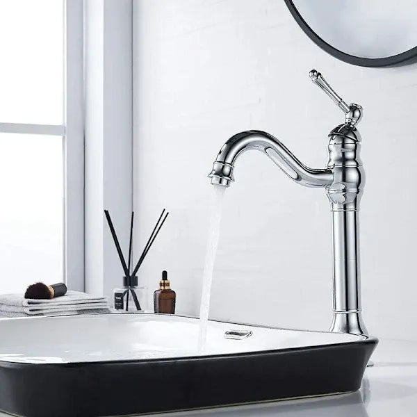 Retro Basin Faucet Swivel 360 Degree Rotation Single Handle Bathroom Mixer High Spout Cold and Hot Water Available, brass material, Chrome Finish