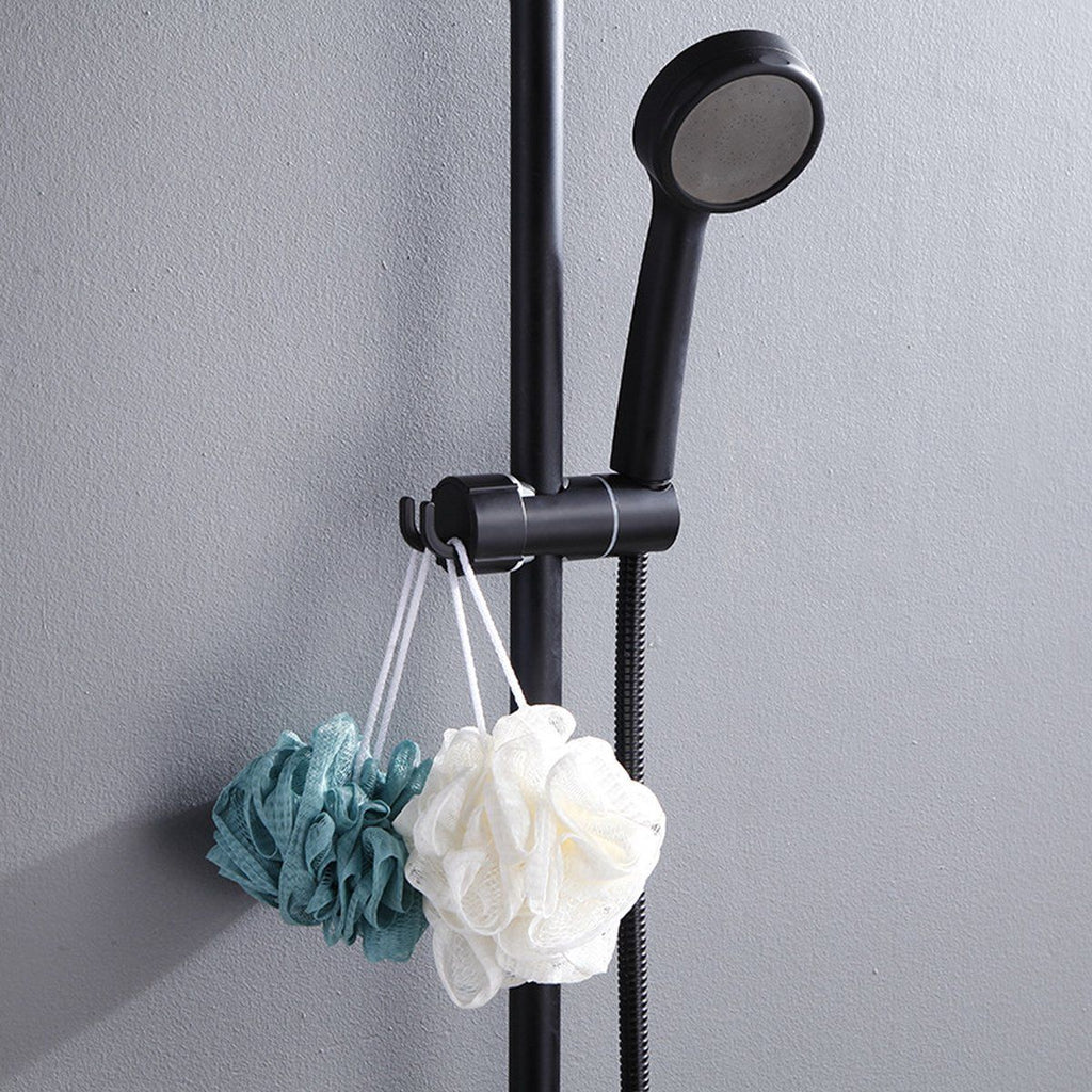 Adjustable Shower Head Holder for Slide Rail, 18-28 mm Shower Rod Fit, 360 Degree Rotation Rotatable with 2 Hooks, Chrome/Black Finish Options