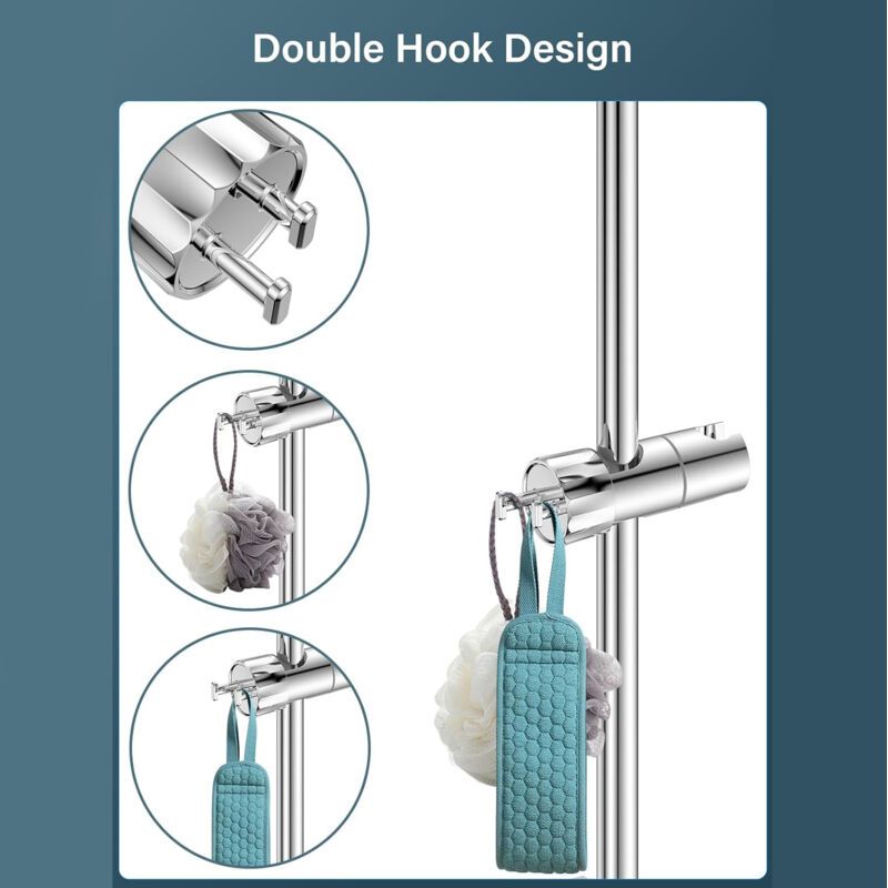 Adjustable Shower Holder with 2 Hooks for 16-27 mm Shower Rod Fit Shower Rail Wall Mounted Hand Shower Holder, 360 Degree Rotation, Chrome Finish
