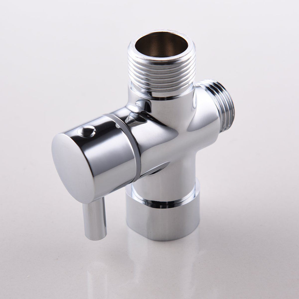 3-way T-connector with shut-off valve for bathroom, 7 x 7 Overall Size, 1 x 3 Overall Size, leak-resistant use, Silver Finish