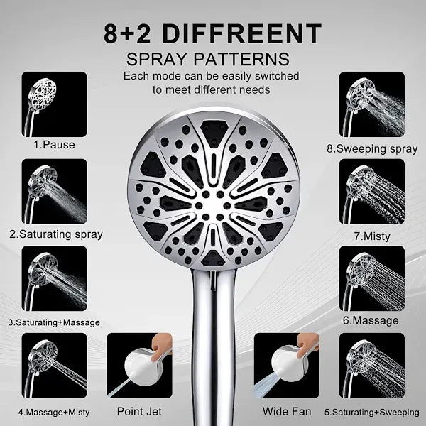 Shower Head 8+2 Functions Handheld Shower Nozzle with High Pressure Water Jet and Detachable Hose, high-pressure spray
