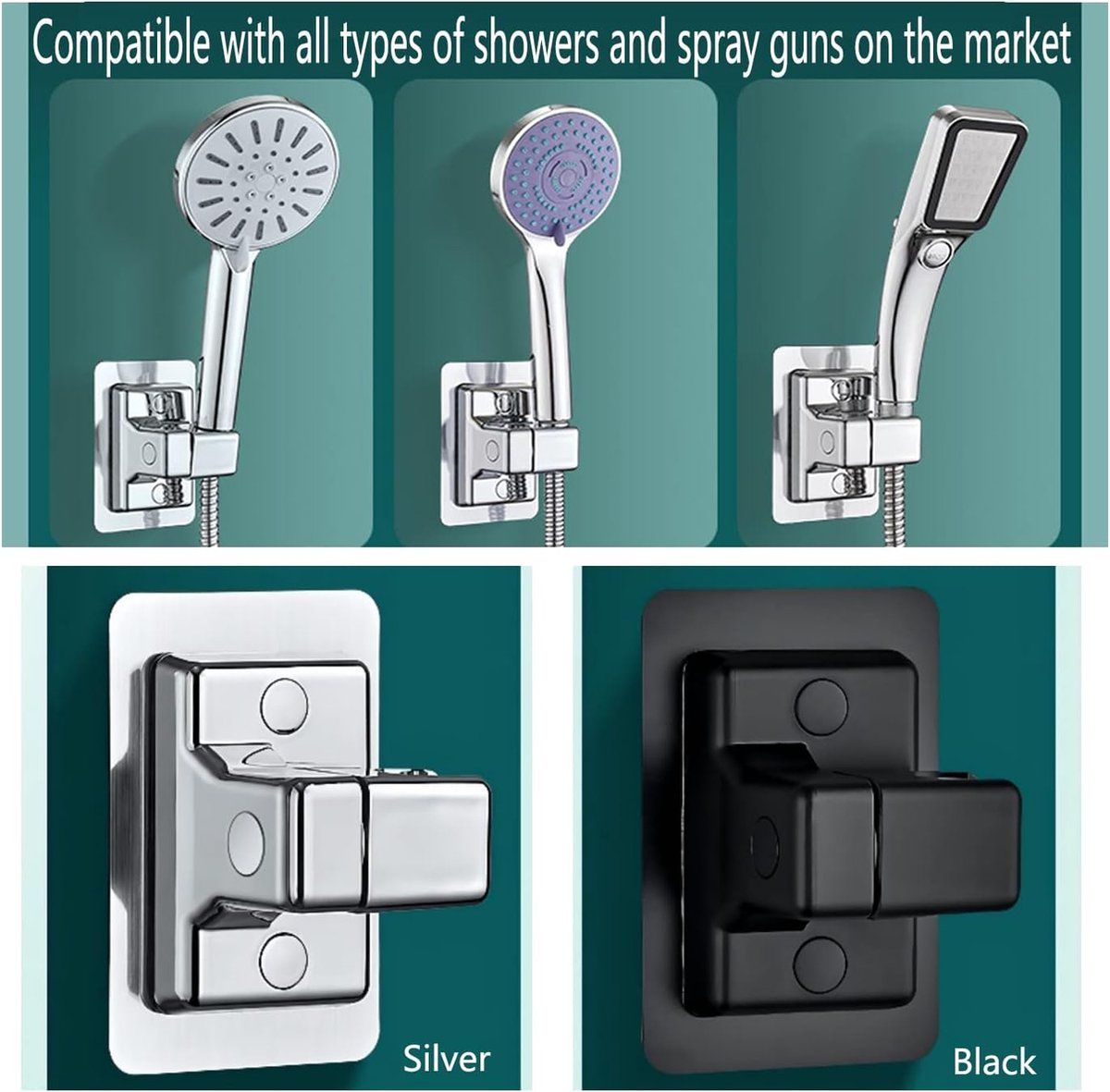 Shower Head Holder, 360 Degree Rotation Adjustable, Self-Adhesive, No Drilling, Waterproof, Universal, ABS material, Black Finish