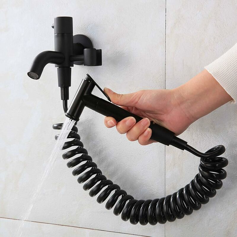 Bidet Hose 2m Telescopic Shower Hose ABS Replacement Spring Shower Hose for Bathroom Toilet Handheld Shower Head Bidet Sprayer, Black Finish