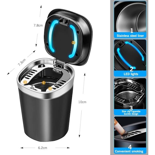 High Quality {CA}Portable ashtray for car, LED ashtray with lid for car, home, office, Made of Steel, Blue Color