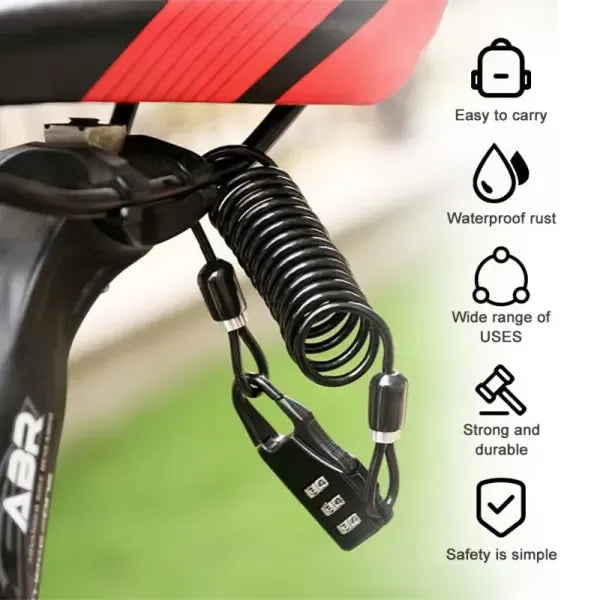 Reliable Professional Helmet Lock Portable Steel Cable Lock 3-Digit Password Combination, Black Color, Great Value