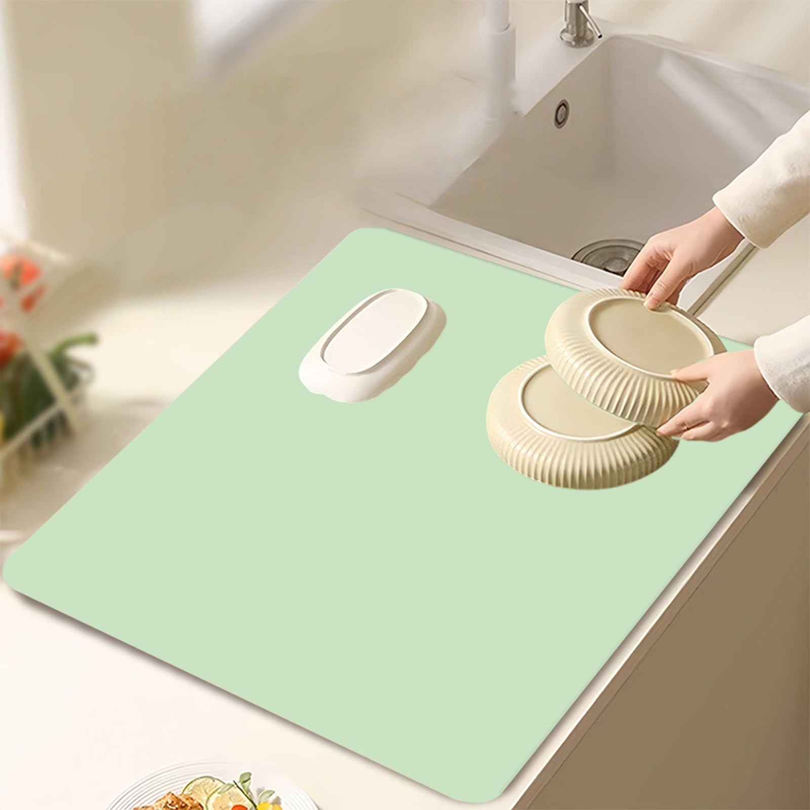 Dish Drying Mat, 12x16" High Absorbent & Soft Dish Drainer, Diatomite Drying Matt Kitchen Counter for Kitchen Countertops, Sinks, Draining Racks, Drying Mat Green