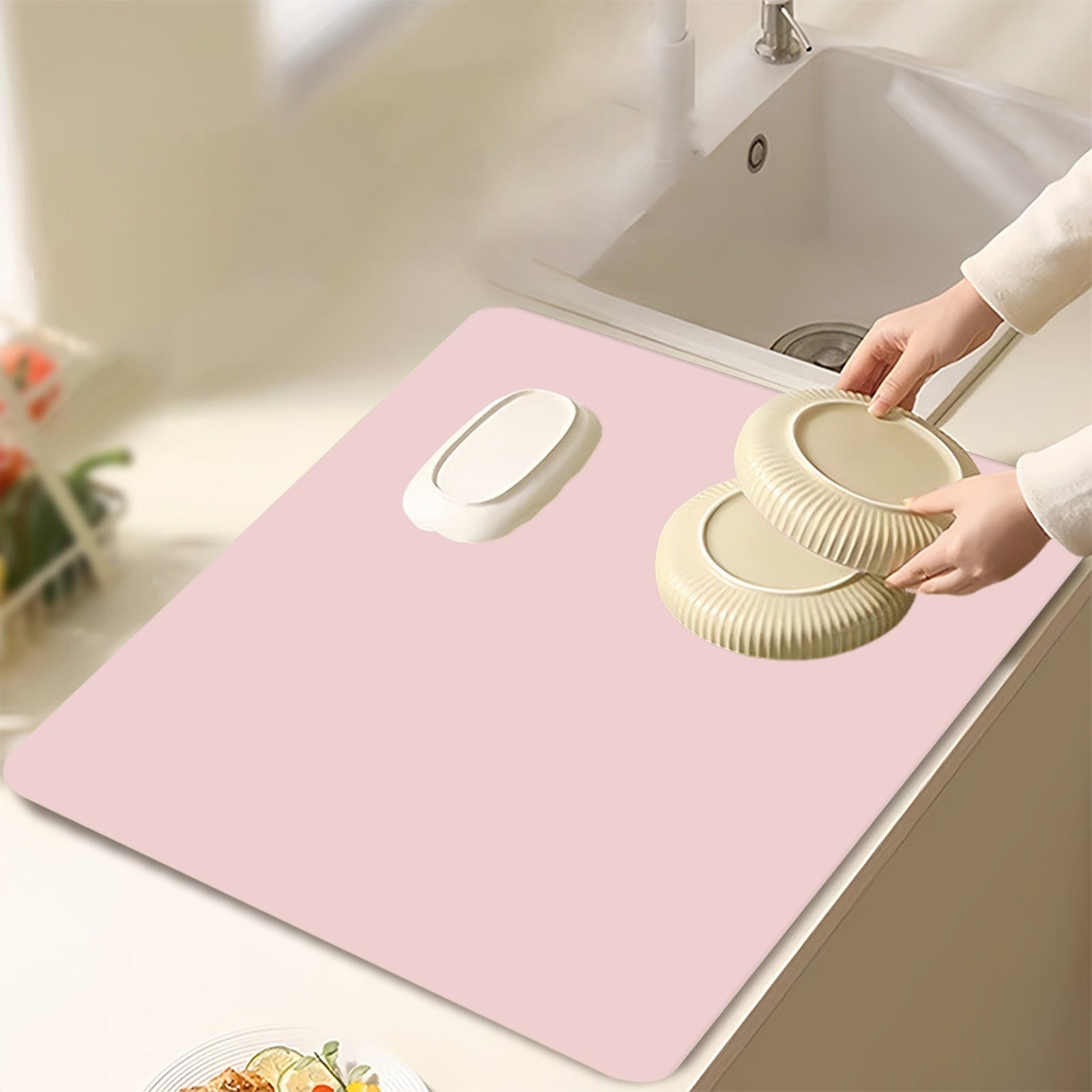 Dish Drying Mat, 12x16" High Absorbent & Soft Dish Drainer, Diatomite Drying Matt Kitchen Counter for Kitchen Countertops, Sinks, Draining Racks, Drying Mat Hot Pink