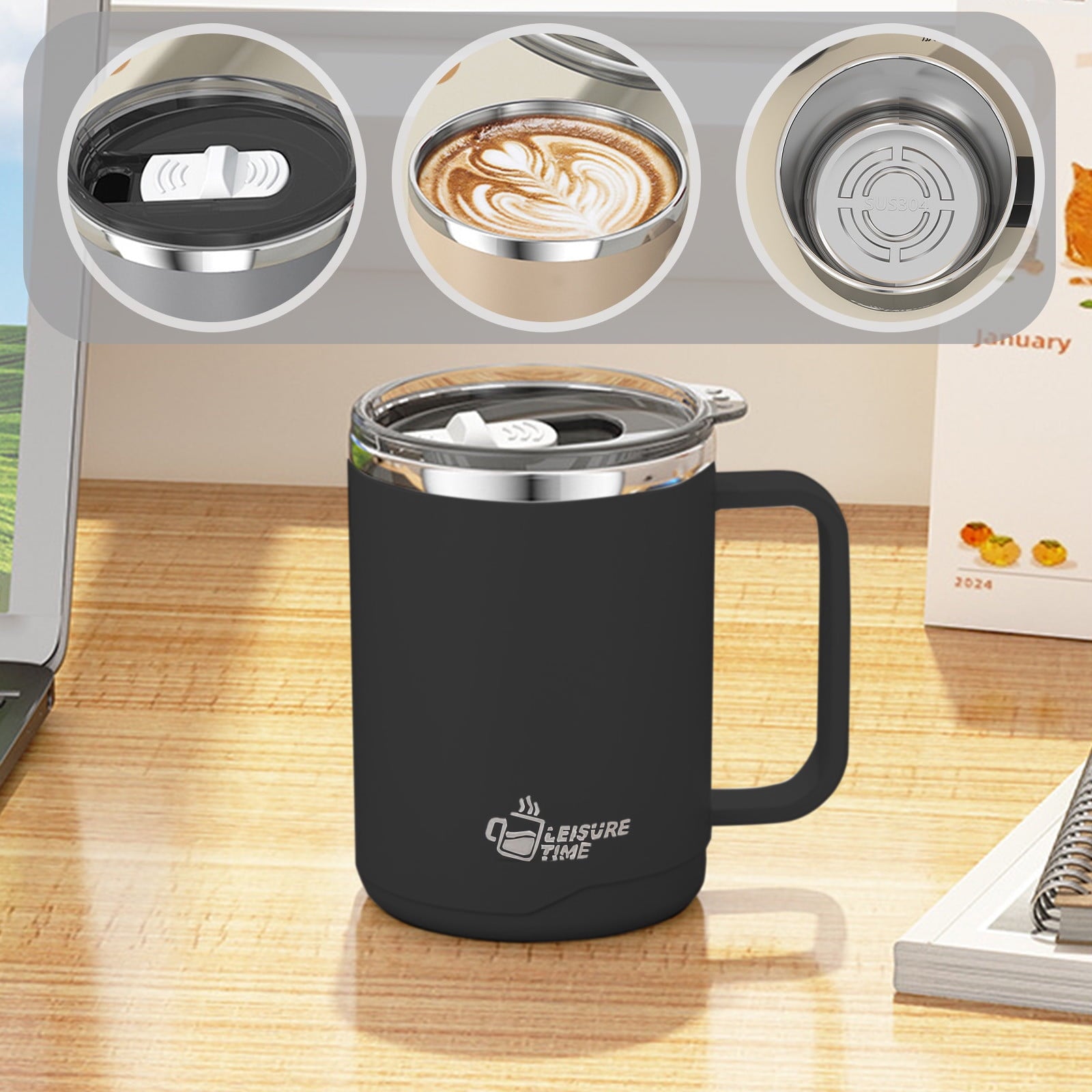 Insulated Coffee Mug with Handle & Lid - 17oz Stainless Steel Travel Tumbler, Double Wall Vacuum (Black) by PALIFEUR 01_【Limited Edition】 2026 New Model Smart Coffee Mug