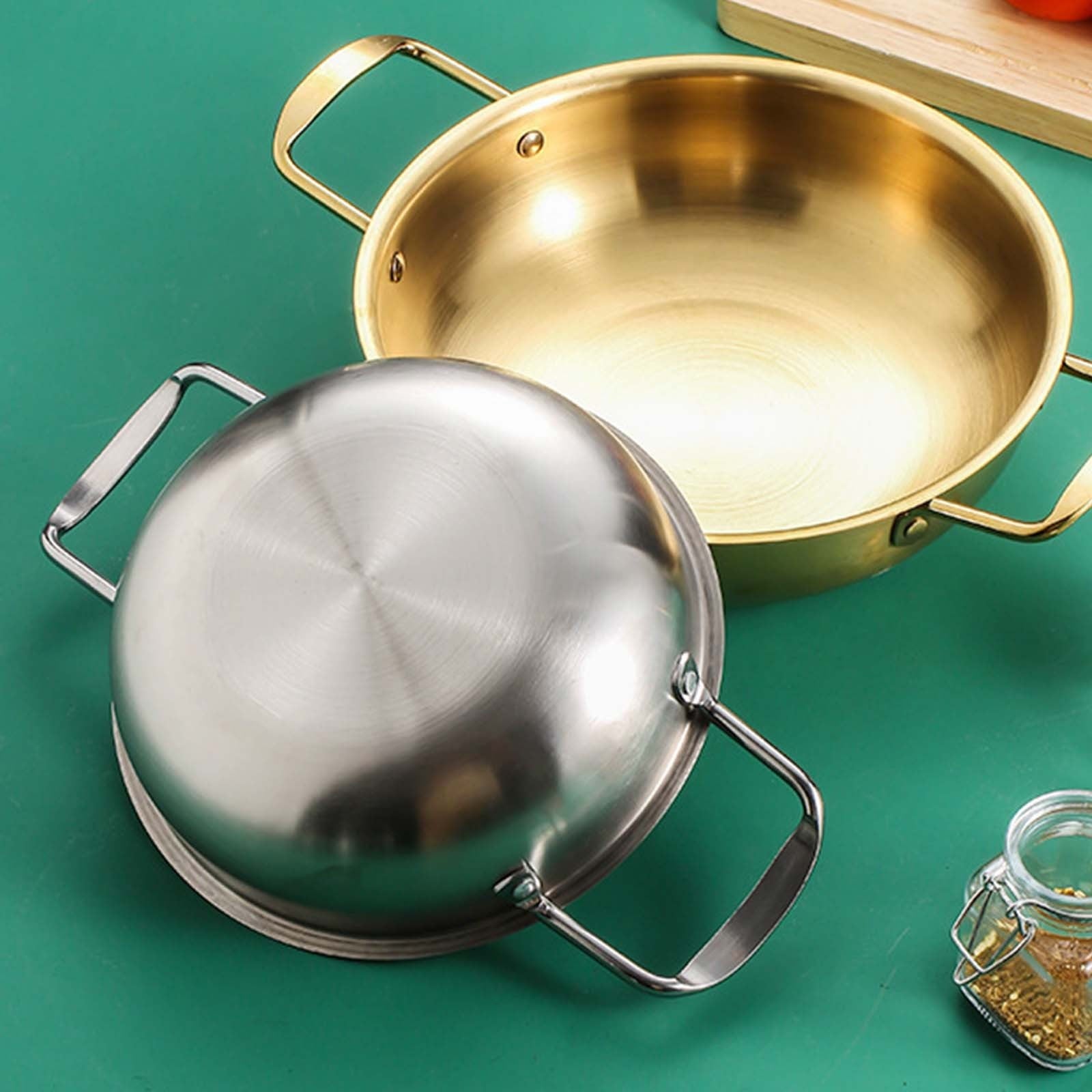 JWDX Stainless Steel Instant Noodle Pot Clearance, 7.1" Korean Ramen Noodle Pot with Handles Stainless Everyday Pan Golden Korean Cooking Pot for Soup Noodle Pasta Home and Outdoor Dishwasher SLA