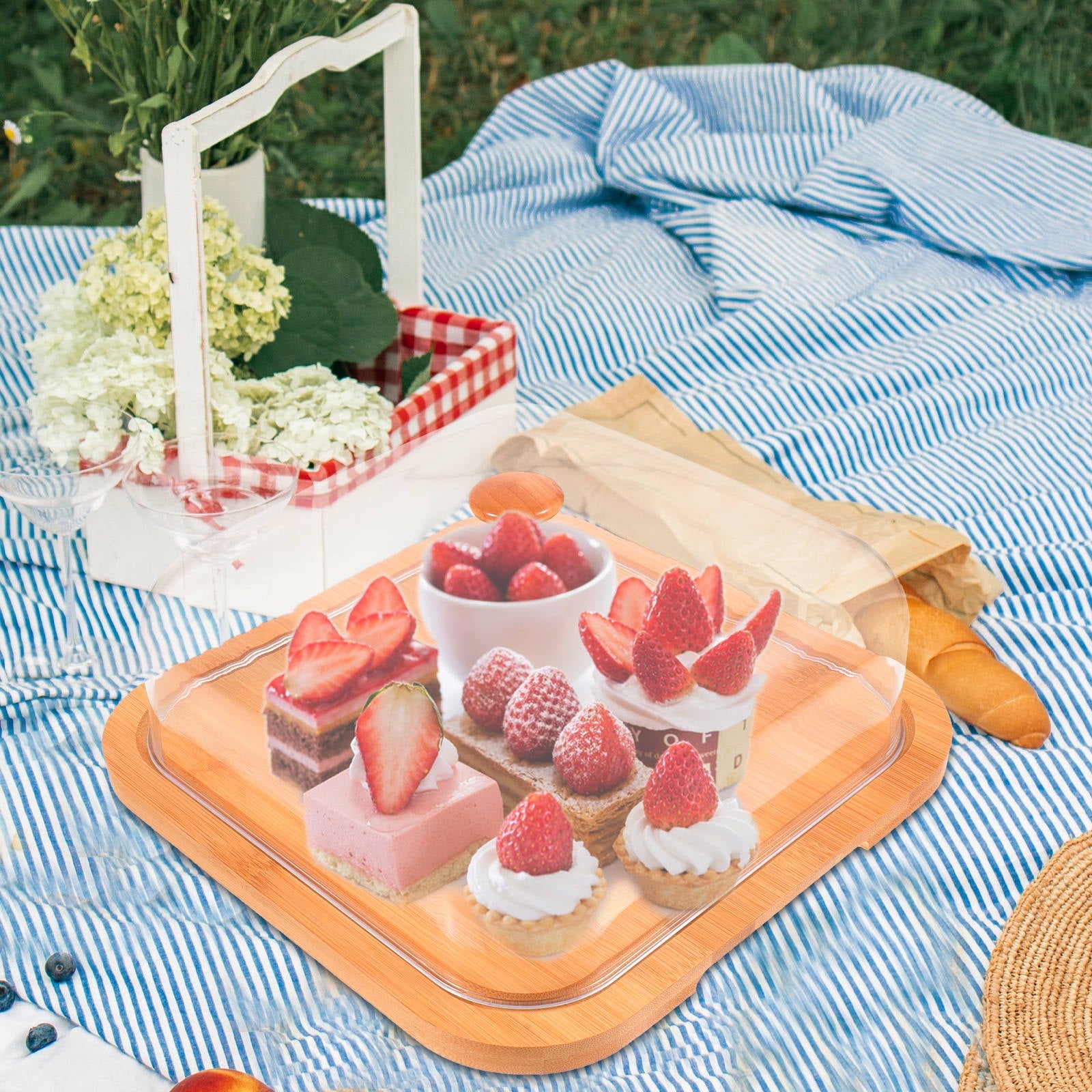 SWETRACE Bamboo Cake Serving Set Food Cover With Elegant Design For Set 10.2X10.2X5.1In