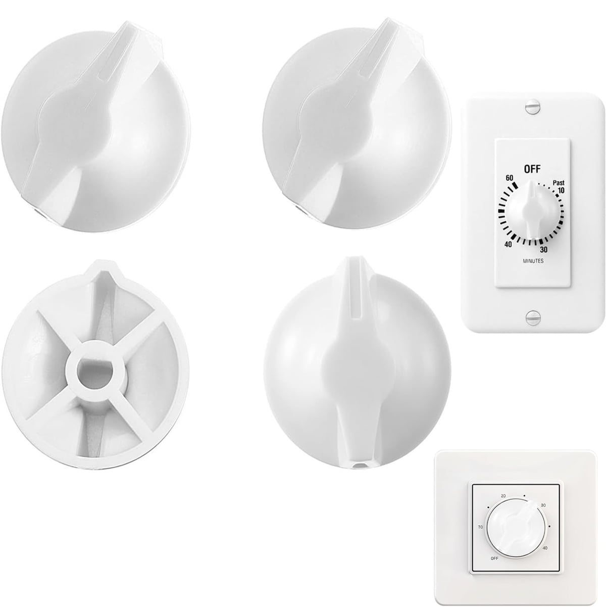 Tutuviw 2 Pack Timer Switch Knob Replacement Timer Switch Knob Compatible Spring Wound Timers D-Type Timer Knob for Wall Bathroom Fan Motor Heater Light (White)