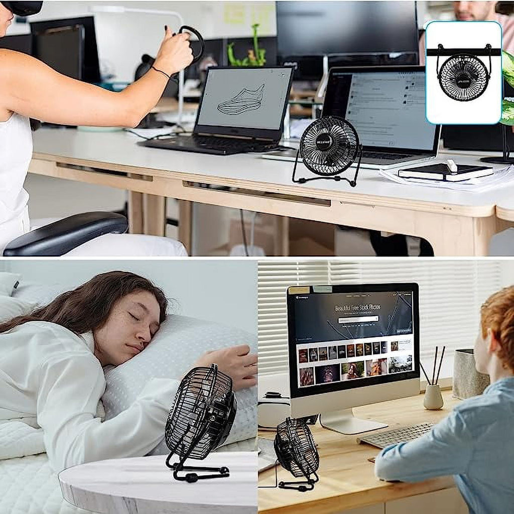 Tutuviw 4 Inch USB Desk Fan,Small and Quiet,Powerful USB Powered Portable Fan,Strong Airflow,Mini Metal USB Fan,360°Rotation,Personal Cooling Fan with 2 Speed for Home Office Black