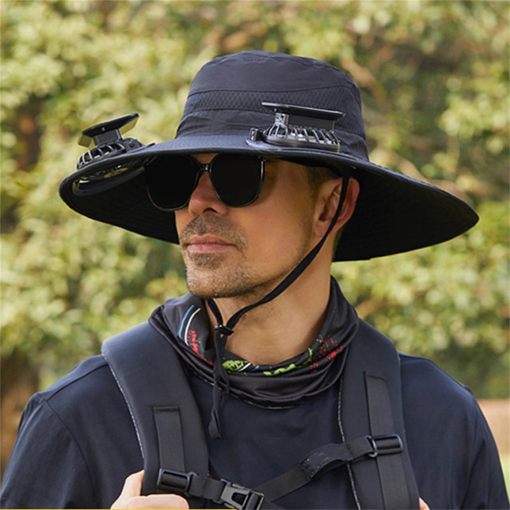 Solar Fan Hat Wide Brim Solar Fan Hat Outdoor Wide Brim Sun Hat with Solar Fan Fishing Hat, Removable & USB Charging Fan A-Black