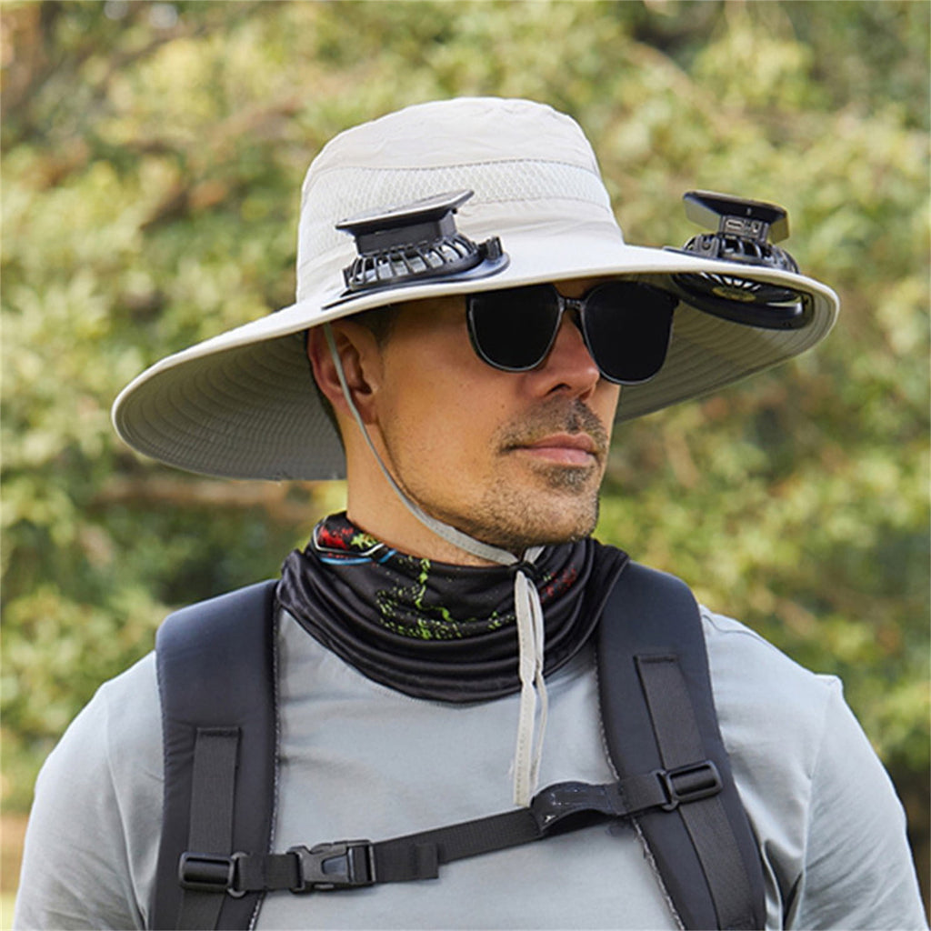 Solar Fan Hat Wide Brim Solar Fan Hat Outdoor Wide Brim Sun Hat with Solar Fan Fishing Hat, Removable & USB Charging Fan A-Gray
