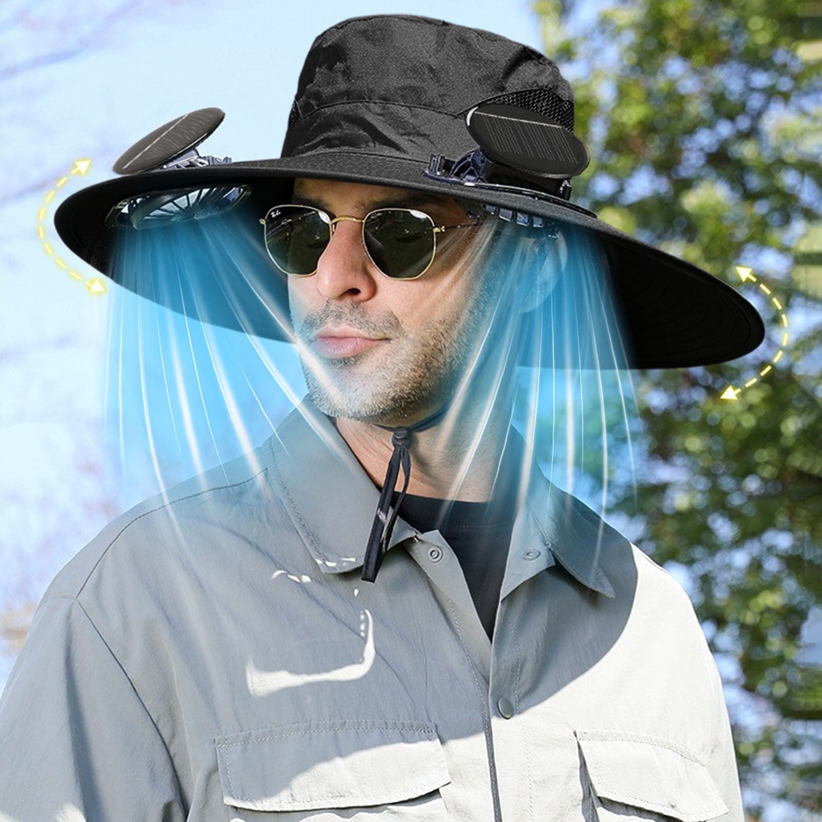 Solar Fan Hat Wide Brim Solar Fan Hat Outdoor Wide Brim Sun Hat with Solar Fan Fishing Hat, Removable & USB Charging Fan C-Black