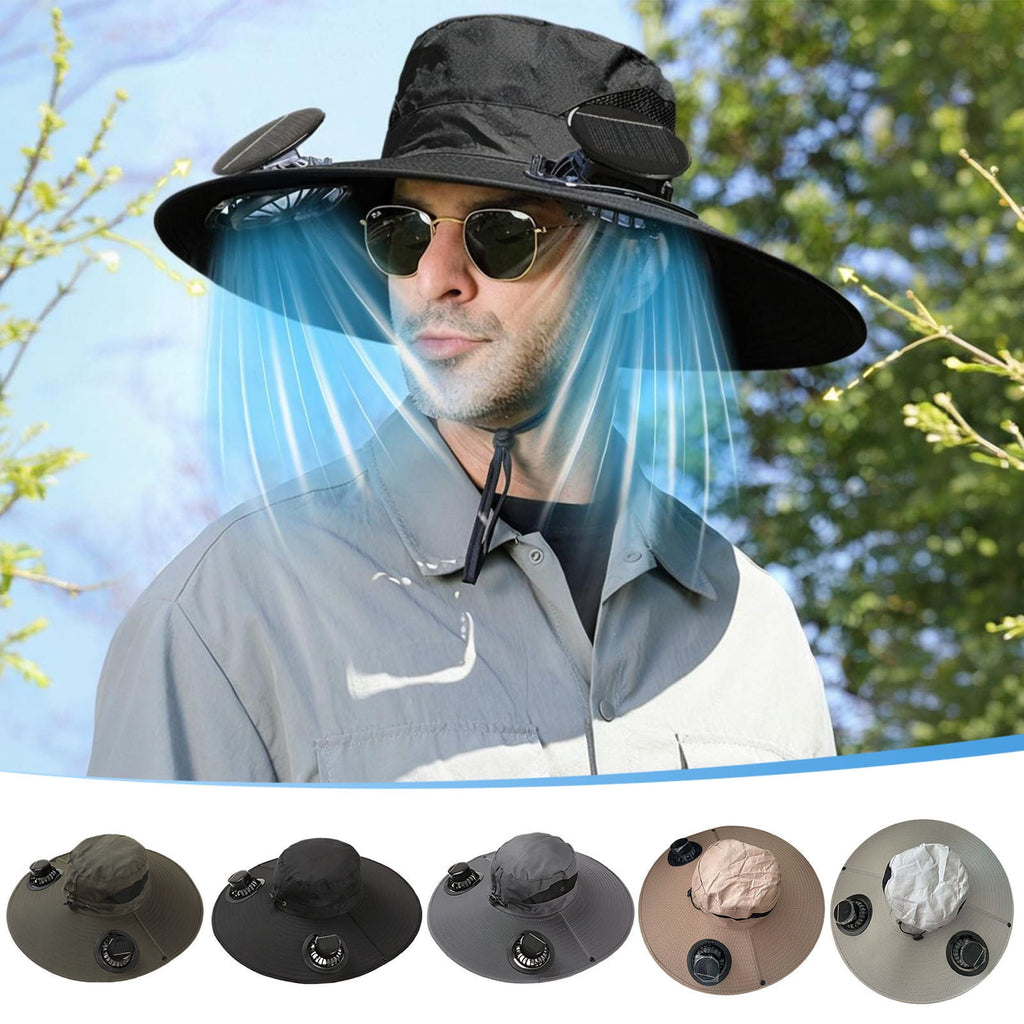 Solar Fan Hat Wide Brim Solar Fan Hat Outdoor Wide Brim Sun Hat with Solar Fan Fishing Hat, Removable & USB Charging Fan C-Black