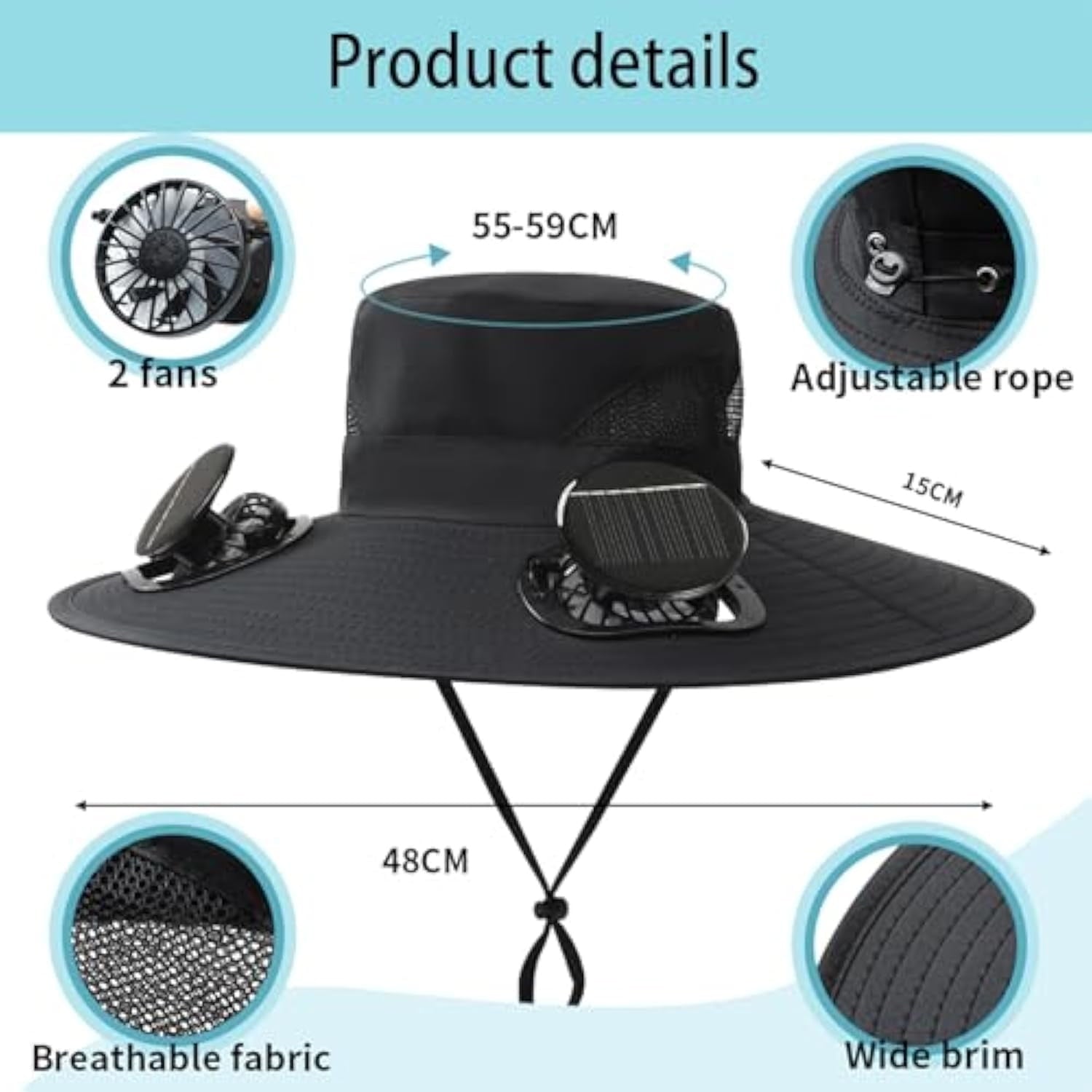 Solar Fan Hat Wide Brim Solar Fan Hat Outdoor Wide Brim Sun Hat with Solar Fan Fishing Hat, Removable & USB Charging Fan D-Gray