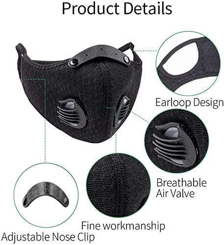 4 Pack Unisex Adjustable Reusable Washable Dust Protect Mouth Cover with 8Carbon Filters and 8 Breathing Valves for Bicycle Running Riding Cycling Outdoor Sport Black