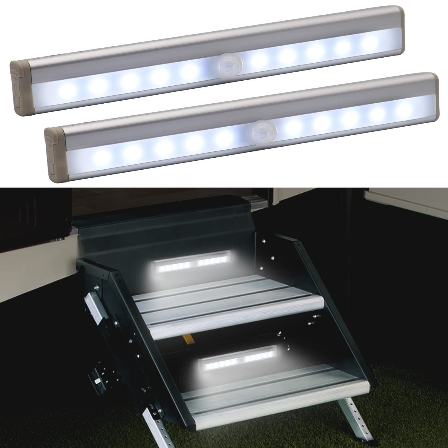 2x Motion Sensor RV Step Lights 10 LED Battery Magnetic Night Light Camper