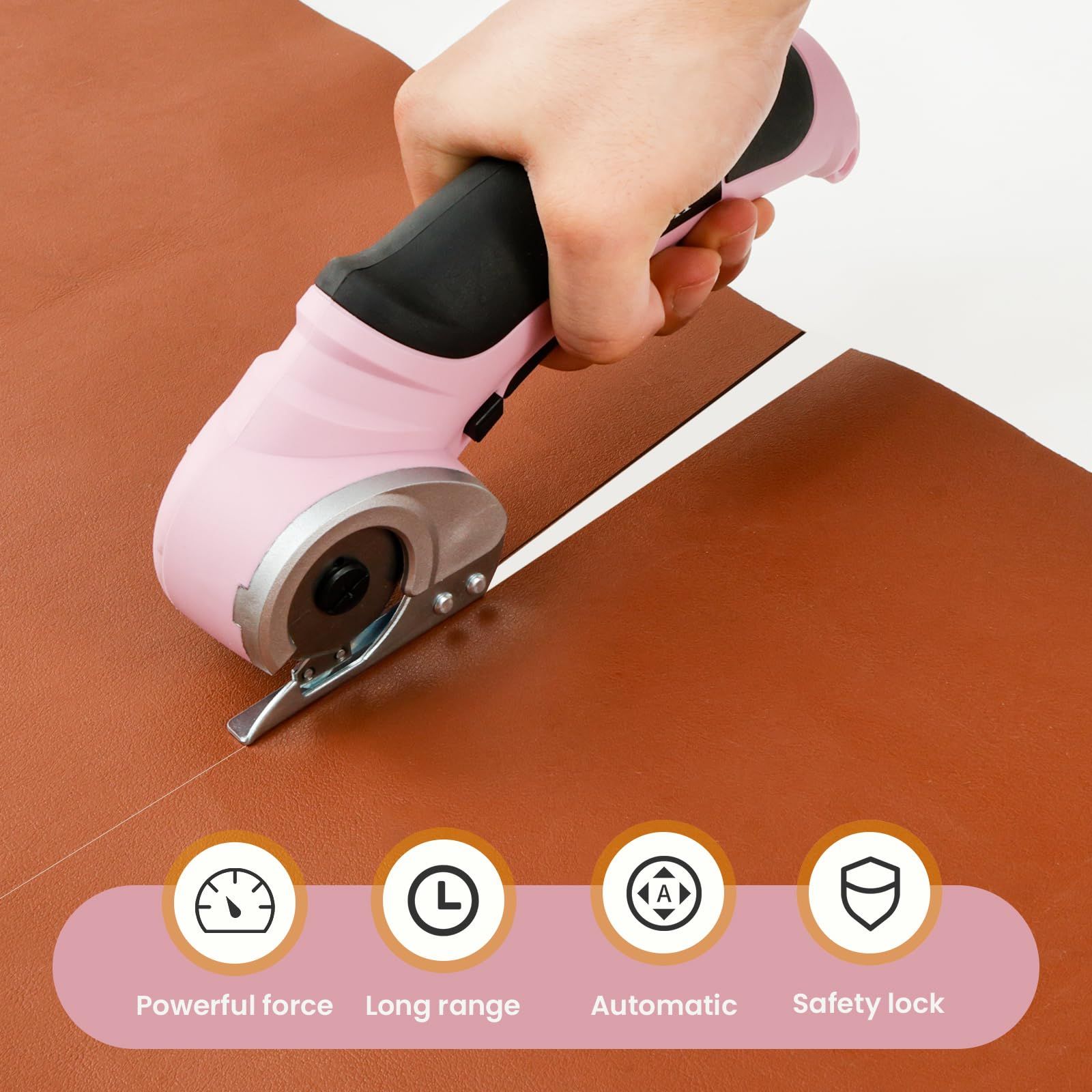 Cordless Electric Scissors, Cardboard Cutter with Safety Lock Electric Mini Cutter Power Rotary Scissors for Leather Felt Rug Box with Storage Box Pink