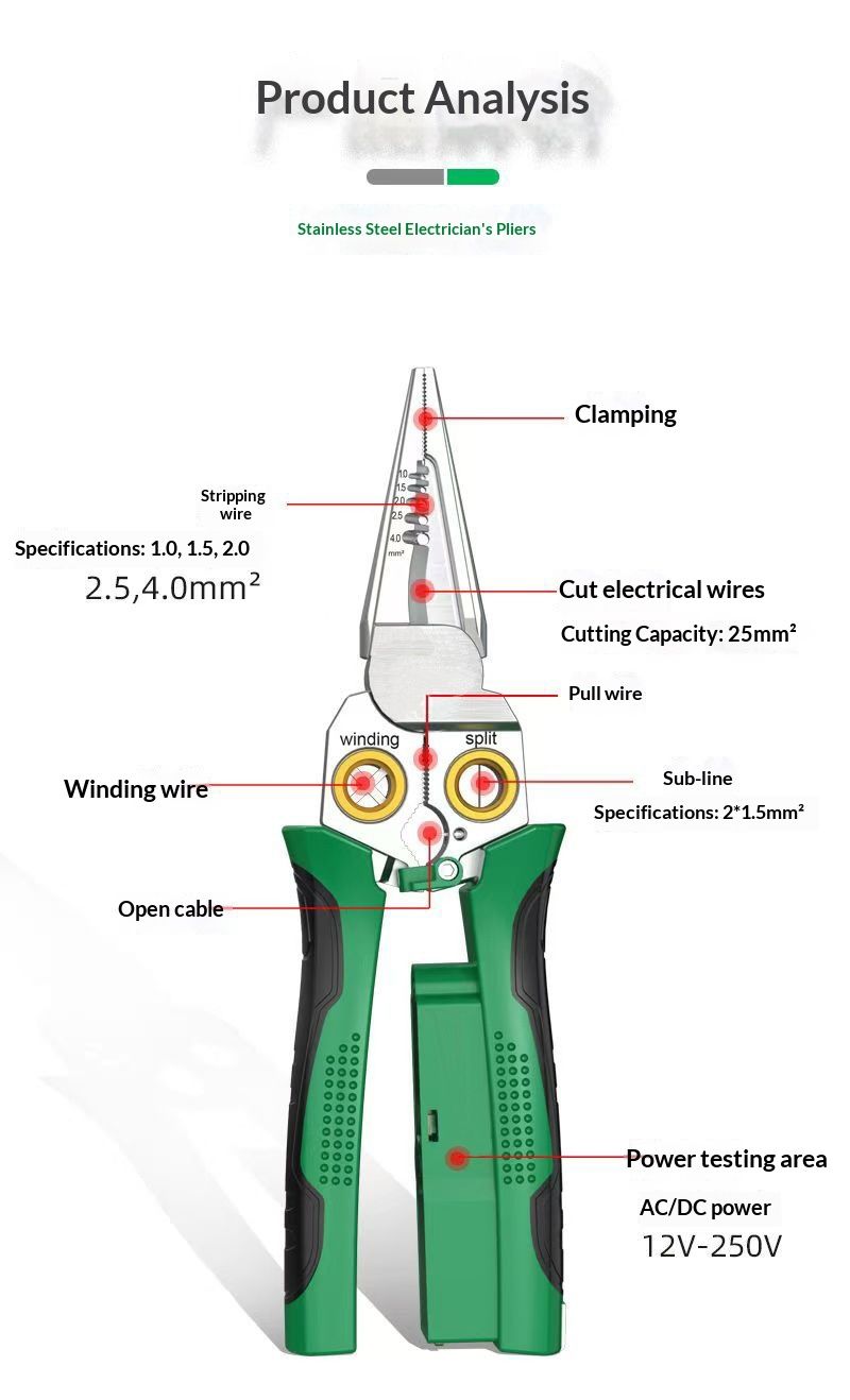 8 in 1 Wire Stripper with Voltage Tester, 8 in 1 wire stripping pliers, Multi-function Electric Wire Stripping Tool for Cutting and Pulling Pliers, Electrician Repair Tool (Green)