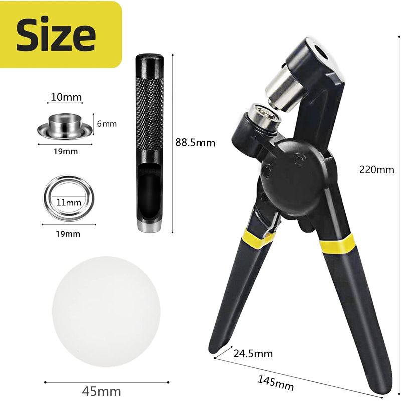 Heavy duty gasket tool kit, 10mm black hand pliers+200 sets of silver eyelets+black punch+pad, handheld manual hole tool, suitable for leather canvas