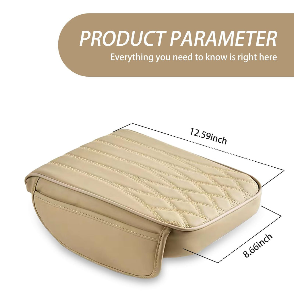 Car Center Console Cover, Leather Car Armrest Box Cover, 12.5" x 8.6" x 1.9" Arm Rest Pad with Pockets, Soft Auto Armrest Storage Box Protector, Universal Interior Car Accessories (Beige)