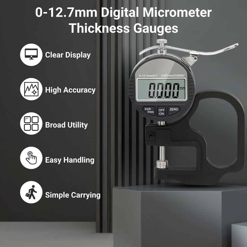 Digital Thickness Gauge, Thickness Micrometer Meter, 0 to 12.7mm Digital Display Measuring Tool with LCD Display, for Paper Film (0.001mm Accuracy)