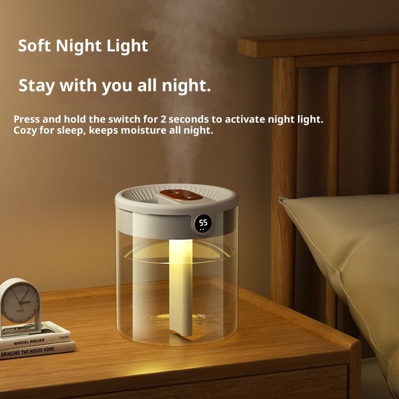2L Smart Humidifiers for Bedroom, Rechargeable Top Fill Humidifier with Night Light, Cool Mist Humidifier for Office Home Plant and Baby, Quiet, (Beige)