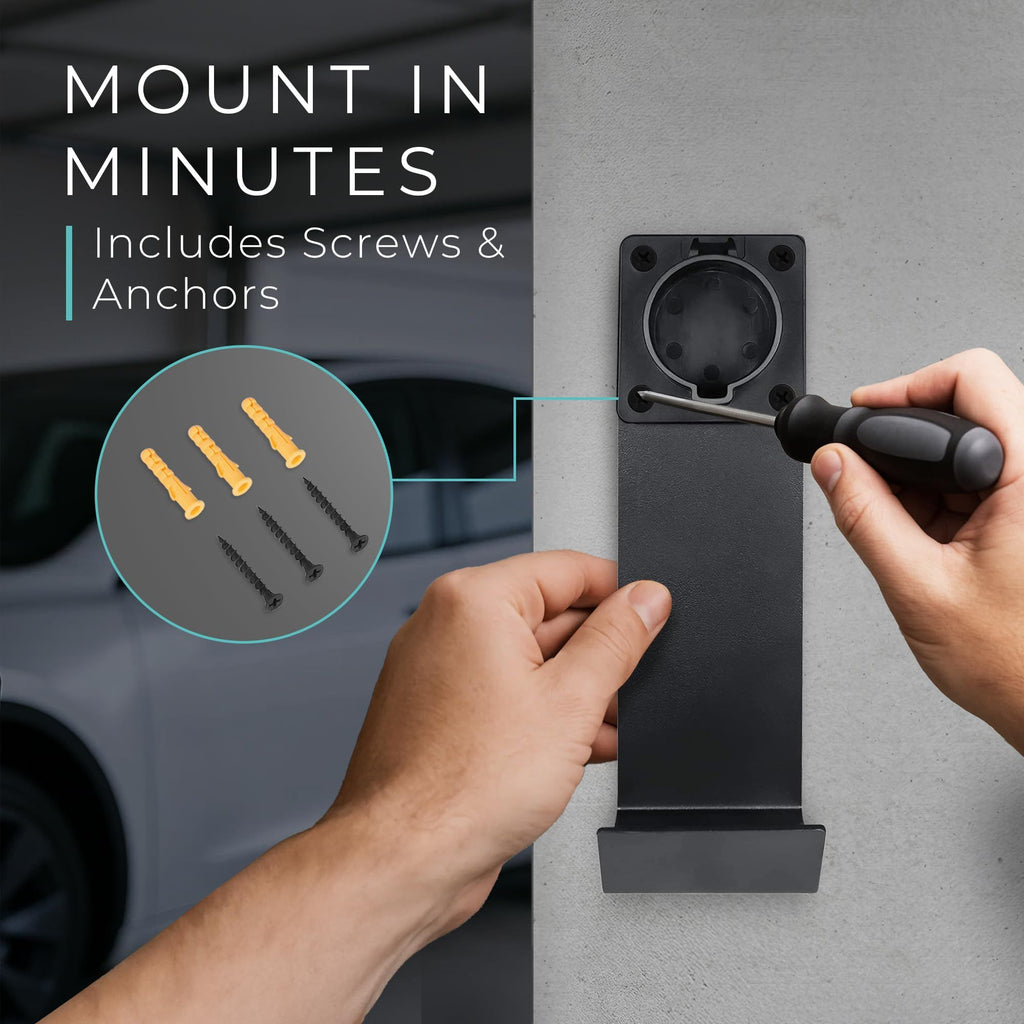 Electric Vehicle Charger Nozzle Holster Dock & J-Hook for Cable Management - Tesla Charger Cord Organizer Compatible with Mobile Connector & Wall Connector，7.4*5*23cmThe packaging includes a base, a hook, four screws, and four expansion wires， J1772 model