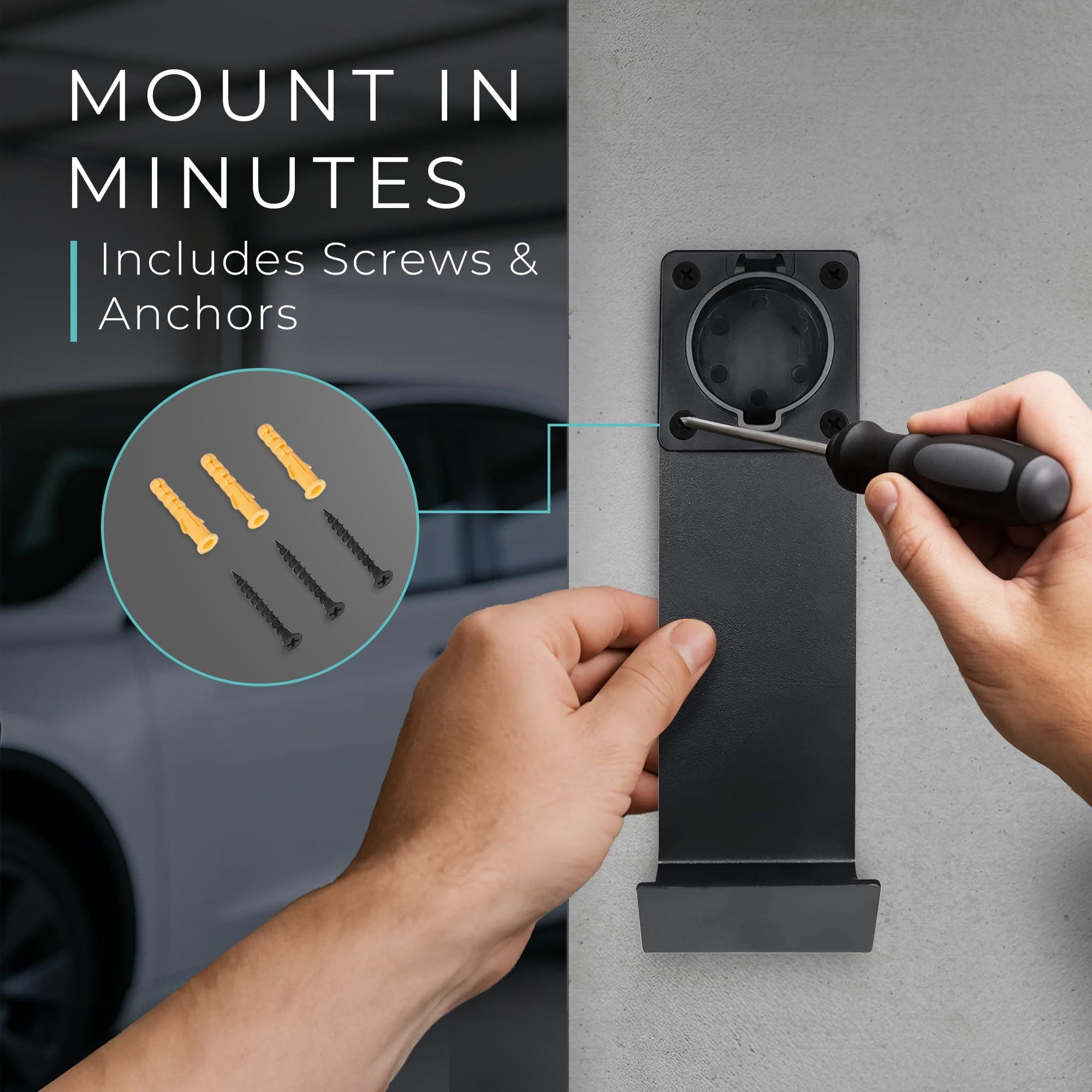Electric Vehicle Charger Nozzle Holster Dock & J-Hook for Cable Management - Tesla Charger Cord Organizer Compatible with Mobile Connector & Wall Connector，7.4*5*23cmThe packaging includes a base, a hook, four screws, and four expansion wires， J1772 model