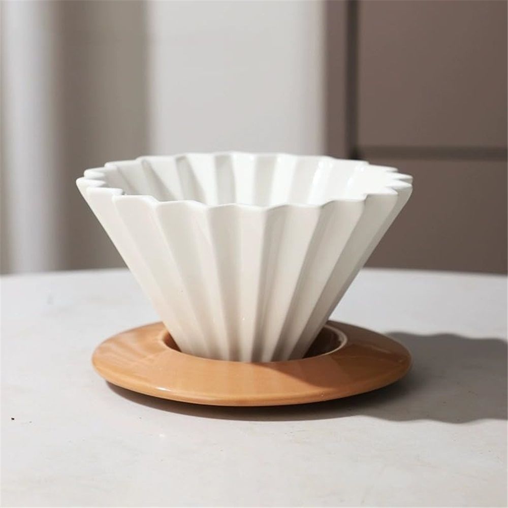 Ceramic Coffee Dripper Pour Over Coffee Maker with Wood Stand Elegant Flower Shape Filter,Slow Brewing Maker for Home Cafe